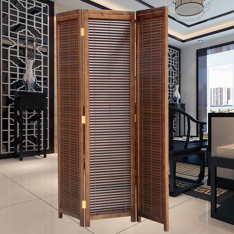 屏风隔断桐亮三联百叶实木玄关时尚折屏