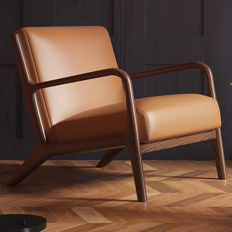 北欧单人沙发椅现代实木休闲椅子卧室客厅阳台懒人椅真皮靠背单椅