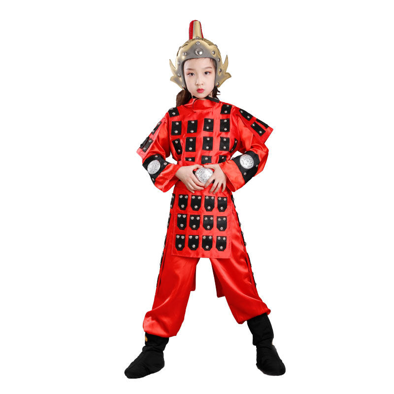 古代将军盔甲古装汉服演出儿童成人红色铠甲儿童演出服