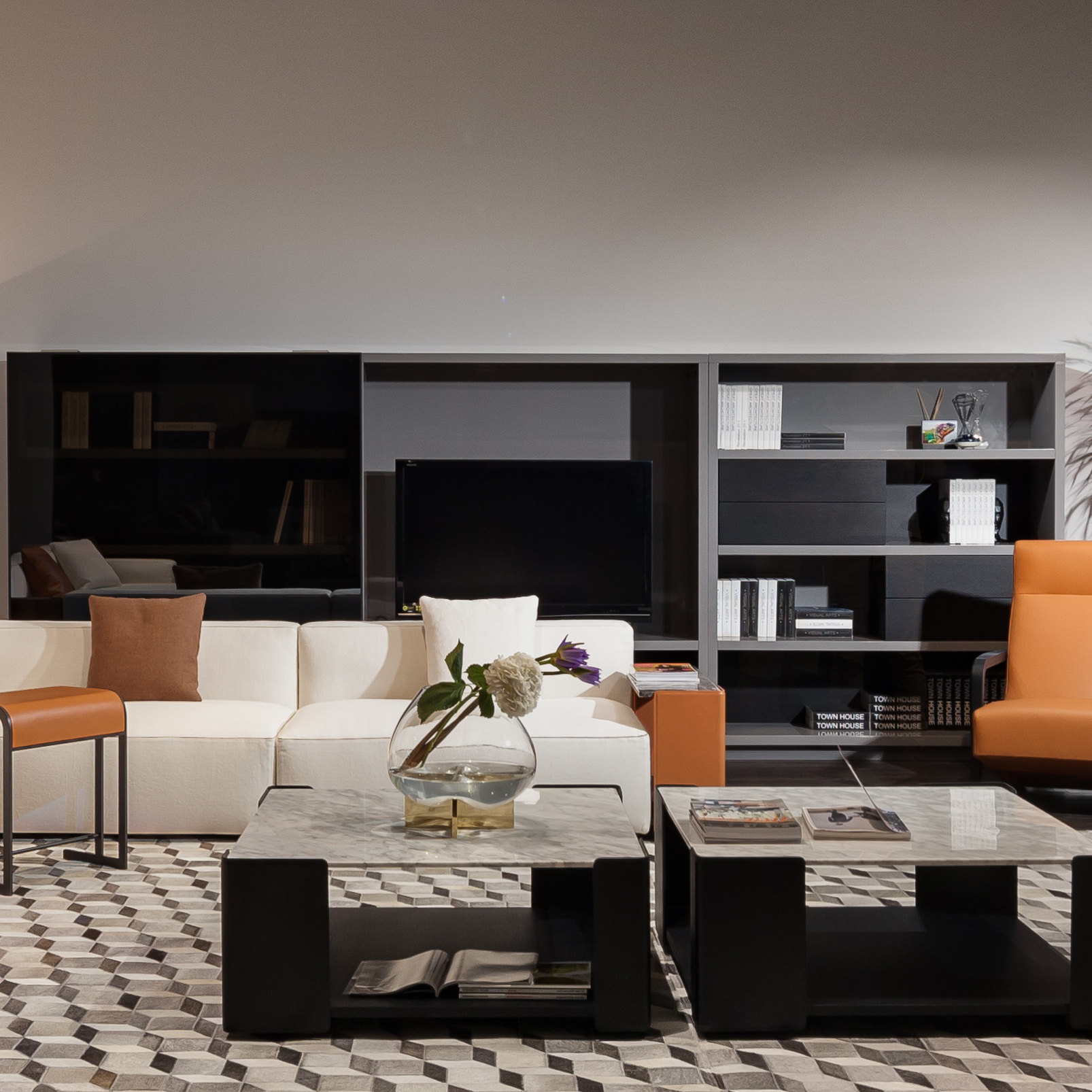 组合电视柜简约现代客厅玻璃推拉门书架意大利极简电视柜