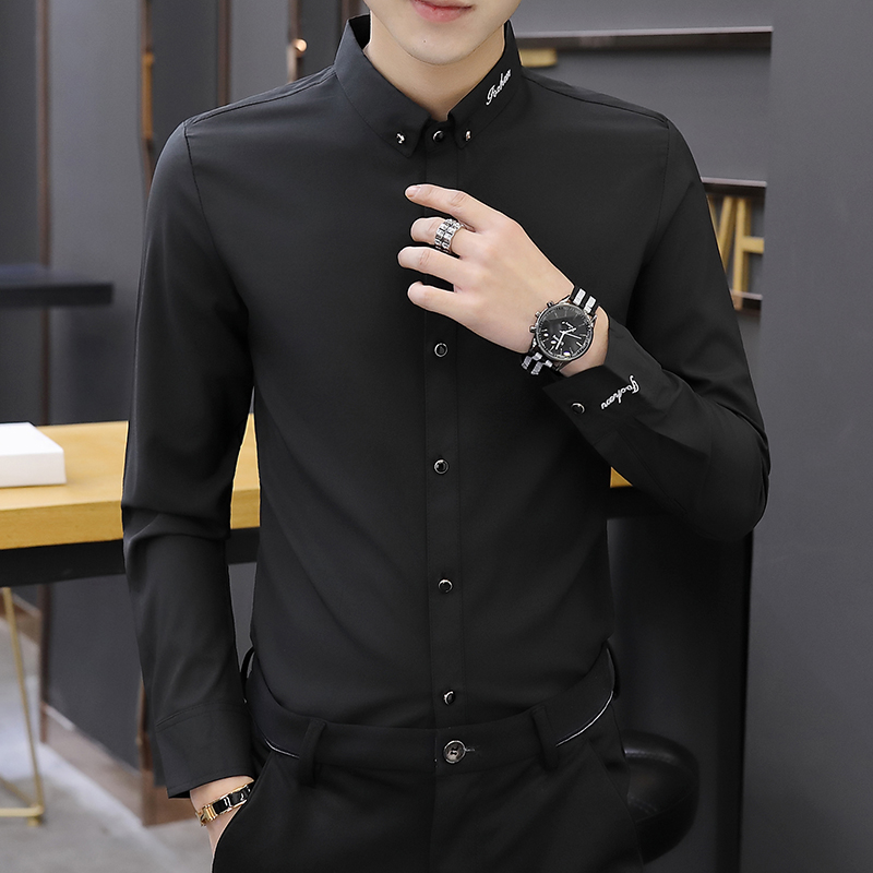 春夏季新款衬衫男士长袖抗皱免烫黑色衬衣男装修身帅气弹力寸衫潮