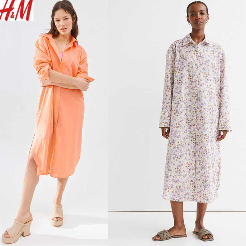 hm女装2022新款棉质巴里面料中长长袖衬衫连衣裙