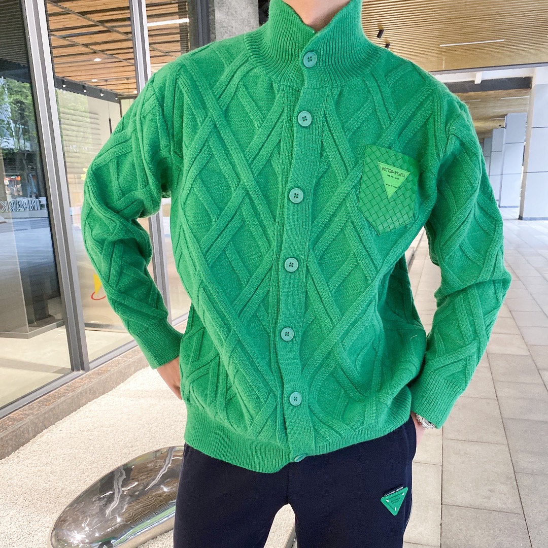 欧洲站潮牌bv秋冬新款绿色立体格子开衫针织衫毛衣外套男女同款潮