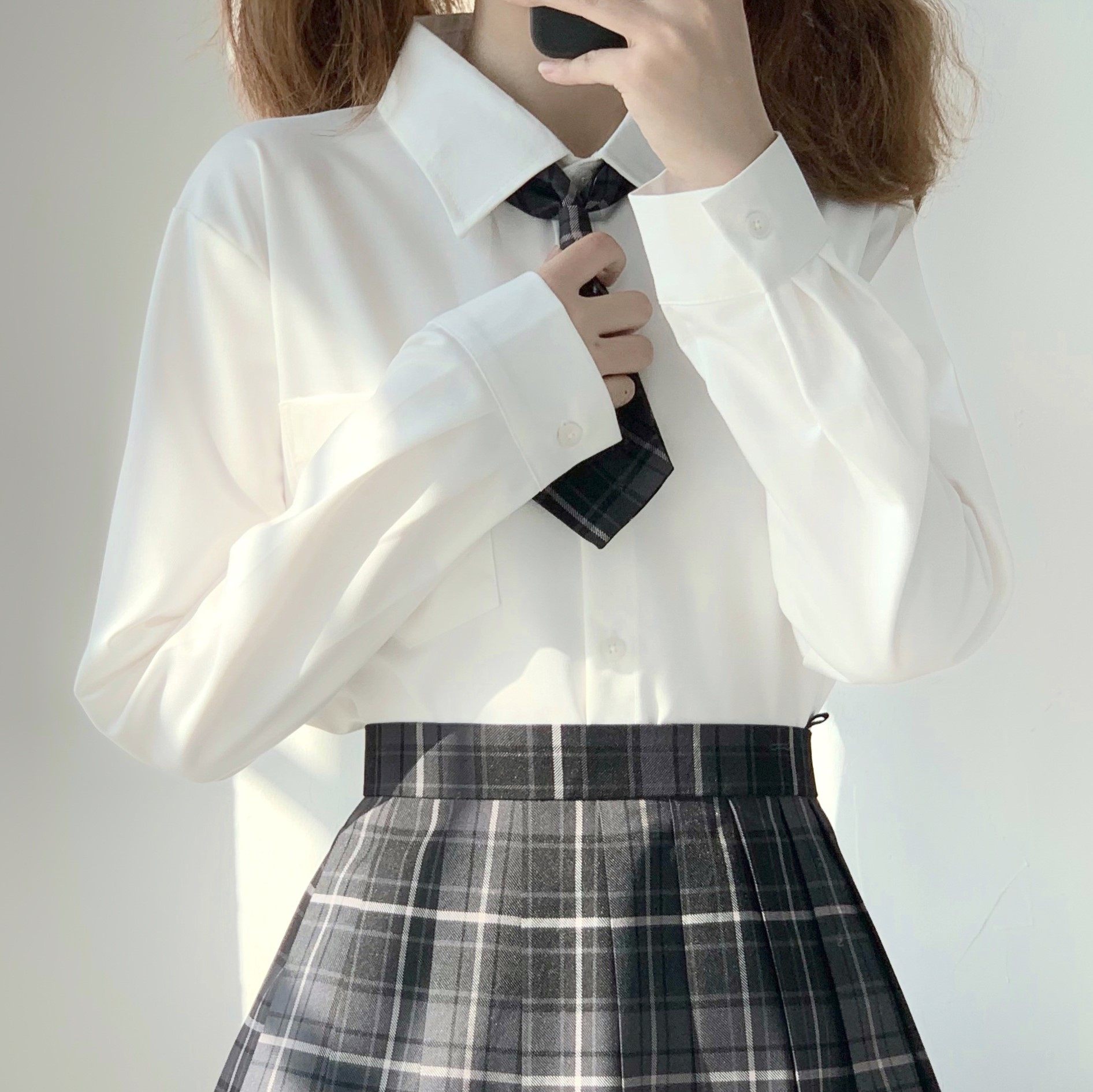 车厘子jk衬衫上衣基础款奶白宽松直筒风琴褶秋季短长袖原创衬衣女