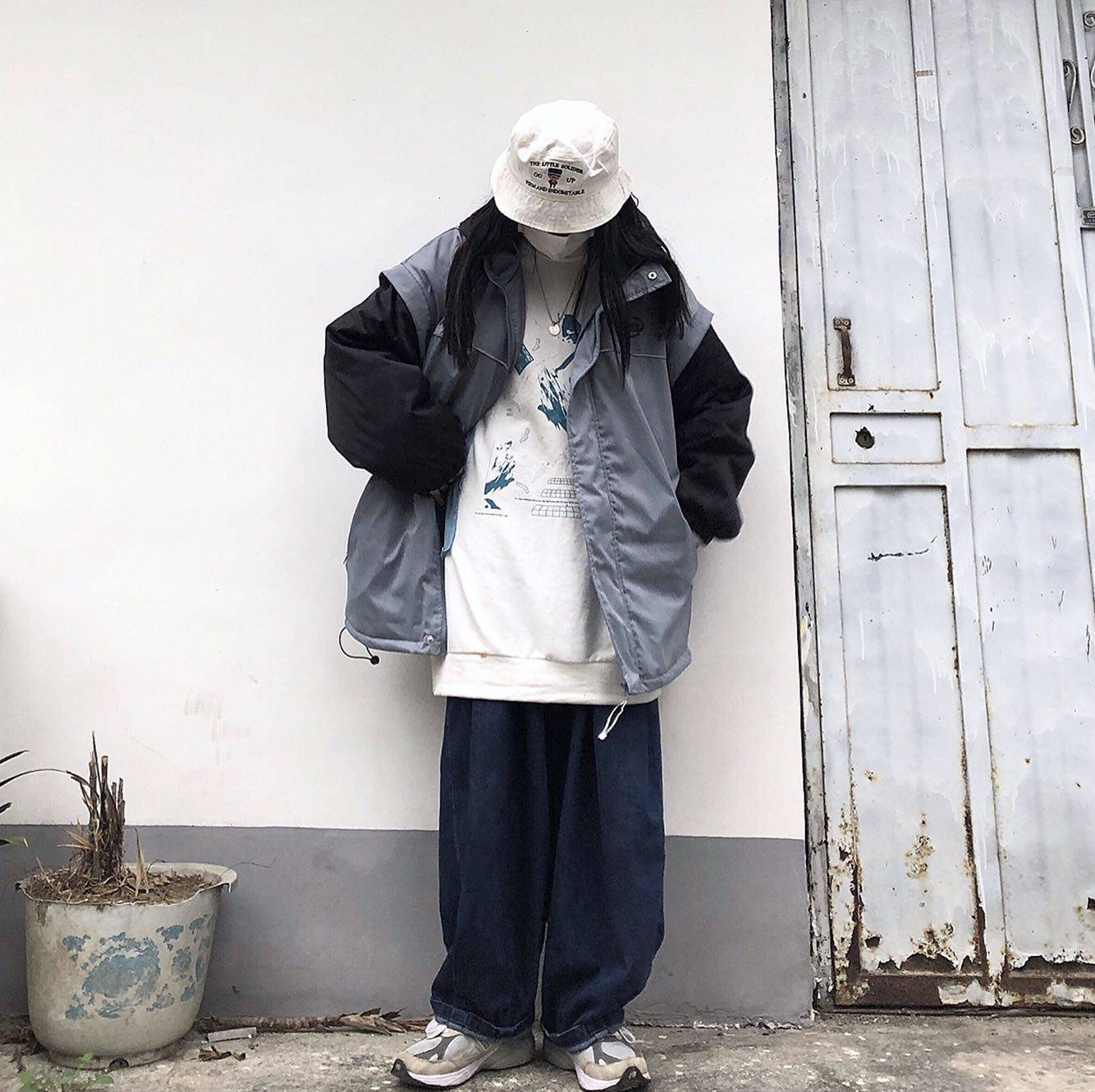 takeoff咖喱人冬加绒加厚棉服宽松复古拼接卫衣