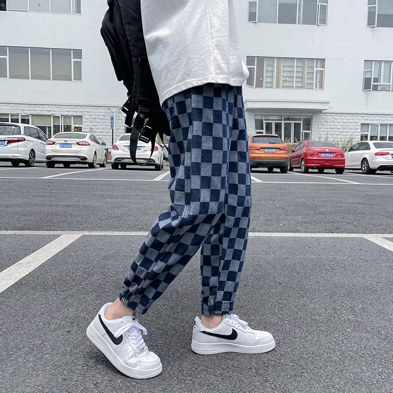 夏季ins港风抽绳格子休闲裤男生潮流韩版宽松直筒高街小脚运动裤