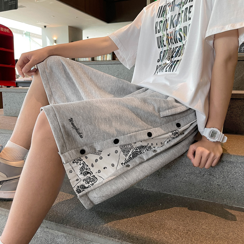 ins潮牌腰果花运动短裤男夏季薄款直筒宽松高街阔腿五分排扣裤子