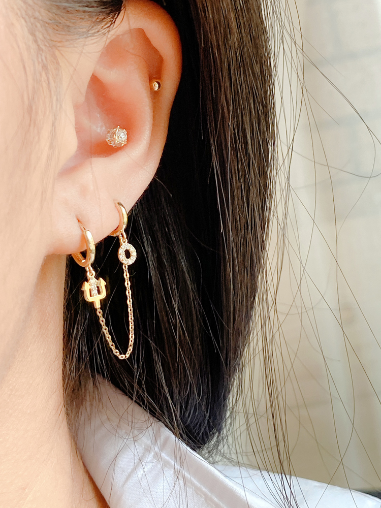 韩国纯10k金黄金耳环连线耳扣坠小圆环k纯金个性双耳洞耳环女