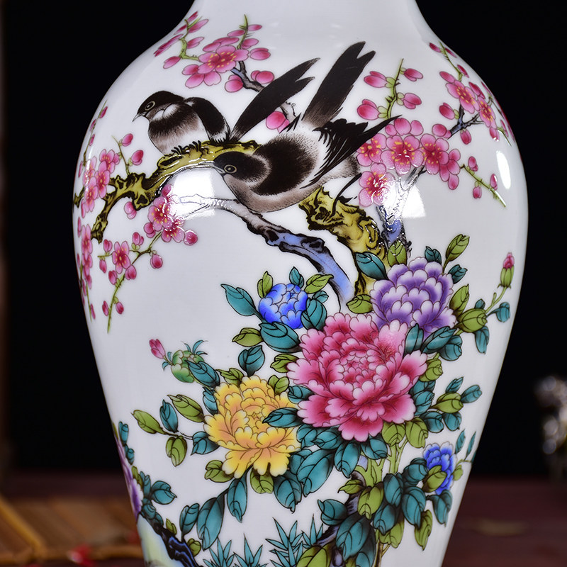 景德镇陶瓷器插花花瓶工艺品粉彩花鸟山水 家居装饰摆件结婚礼物