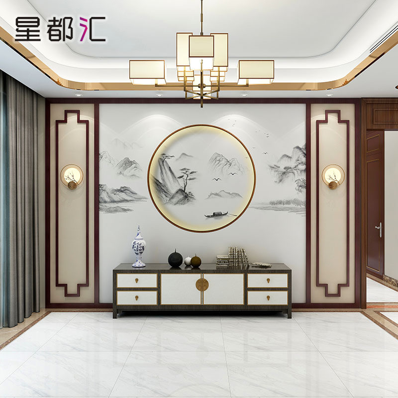 简约新中式山水壁画客厅背景墙无缝壁纸圆形3d仿光圈立体电视墙布