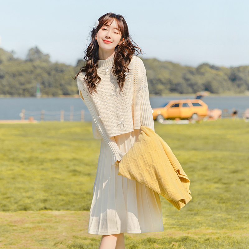 冬裙气质针织连衣裙女秋冬季打底内搭毛衣裙子两件套配大衣套装裙