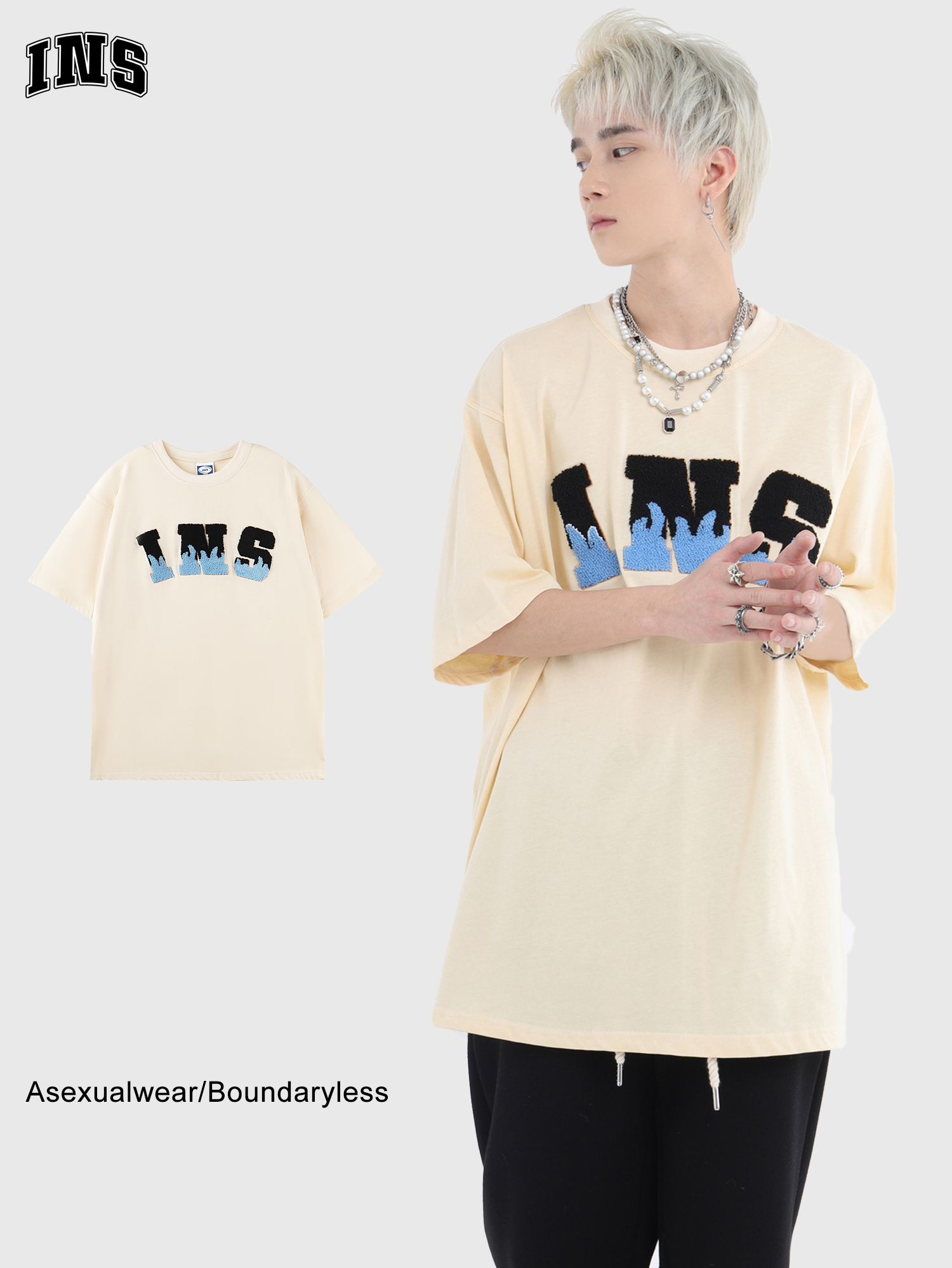 INSstudios 植绒火焰短袖自制国潮情侣夏季毛巾绣LOGO纯棉T恤男女