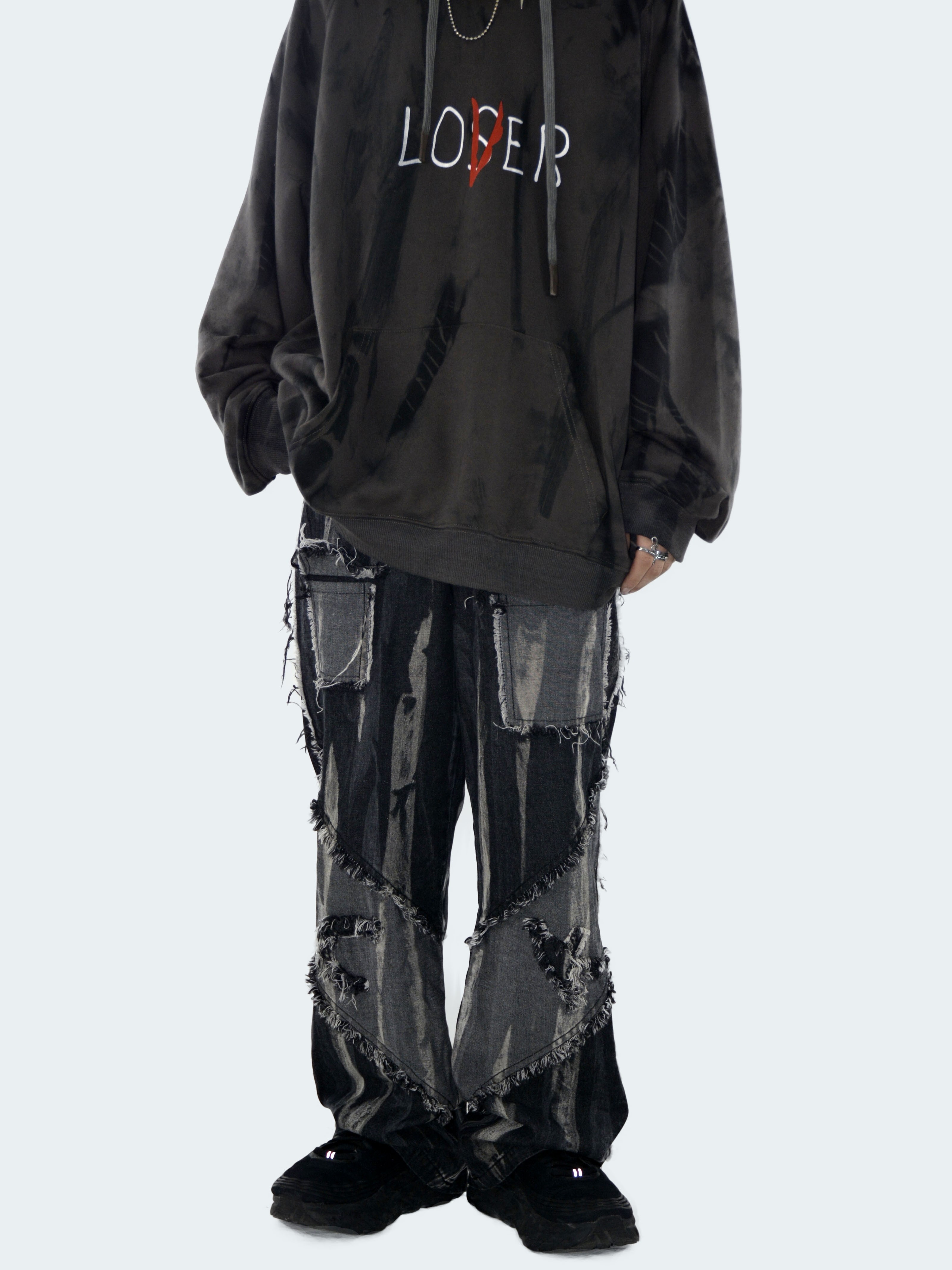 insstudios21韩国自制复古潮流高街小众手工擦色乞丐牛仔裤