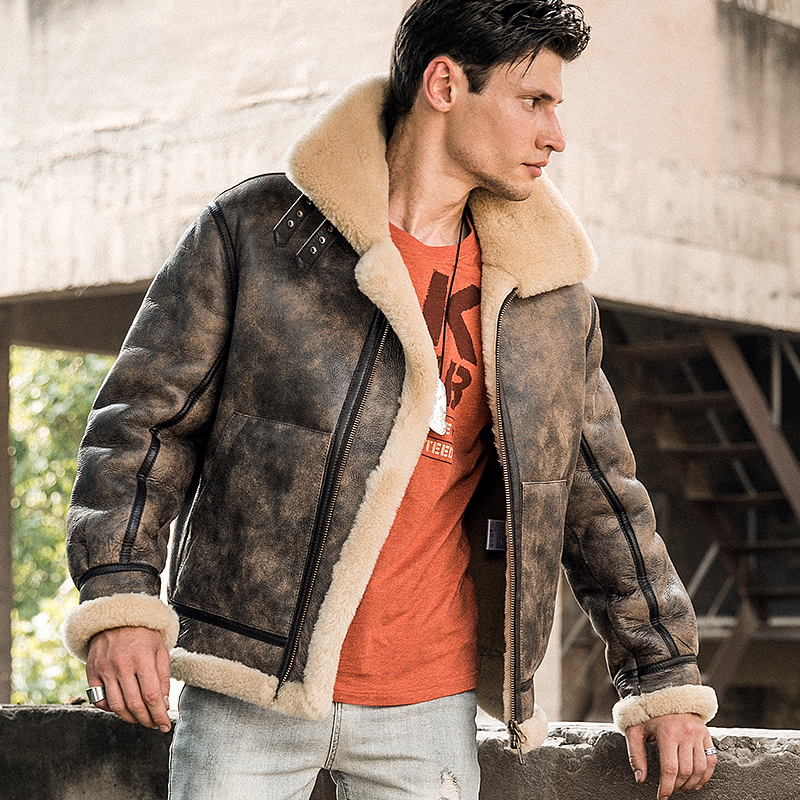 B3空军飞行夹克羊羔毛皮毛一体皮草外套男真皮22秋冬新款原生态