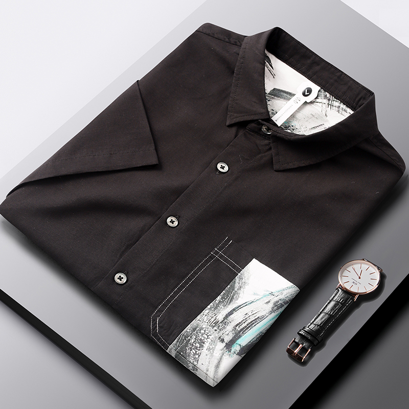 亚麻衬衫男士薄款短袖夏季2022新款立领衬衣韩版潮流帅气休闲上衣