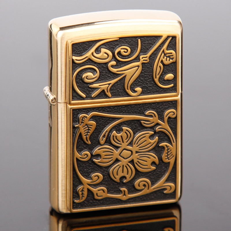 原装zippo打火机黄铜贴章黑金富贵花20903芝宝专柜zippo