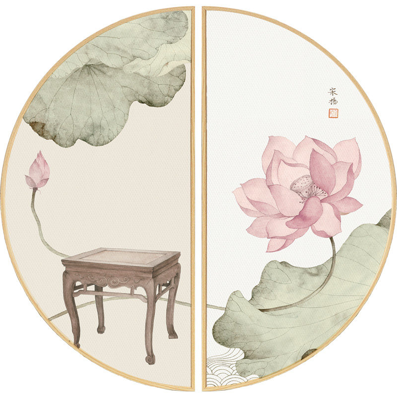 风雅禅意壁画意境工笔画圆形挂画玄关现代装饰画