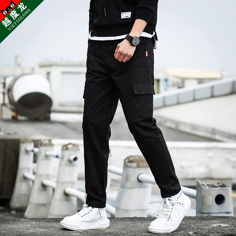 春季黑色九分工装裤男士韩版修身小脚休闲裤潮流男装春秋款男裤子