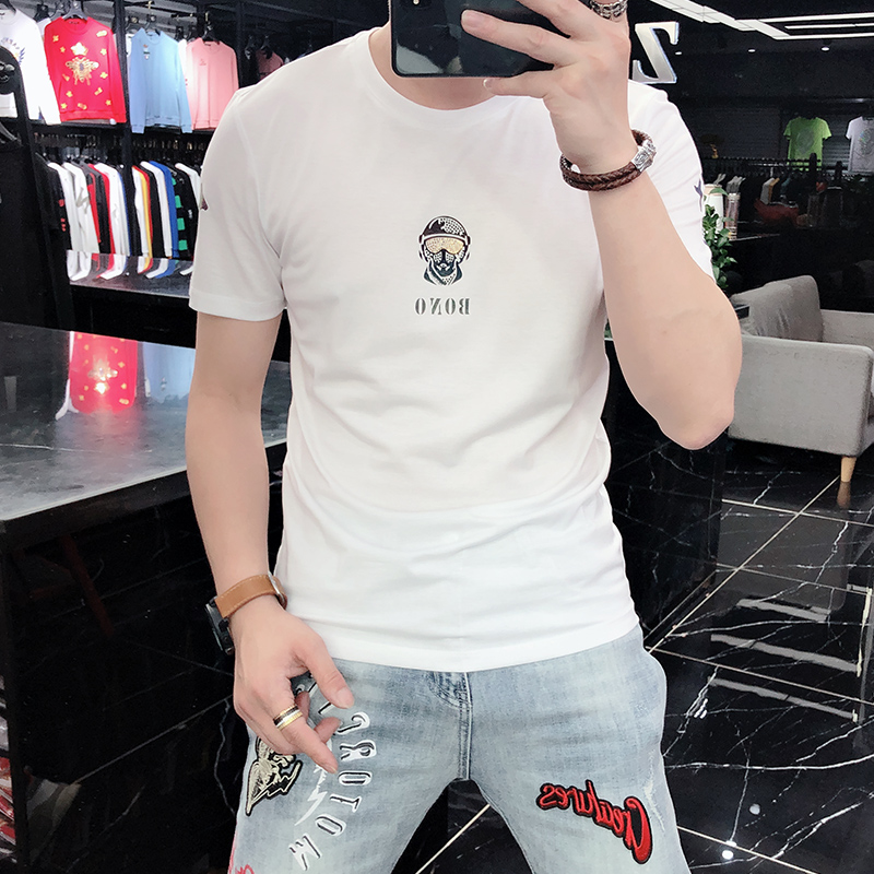 夏季男士短袖T恤韩版修身后背印花烫钻冰丝欧货潮牌丝光棉体恤男