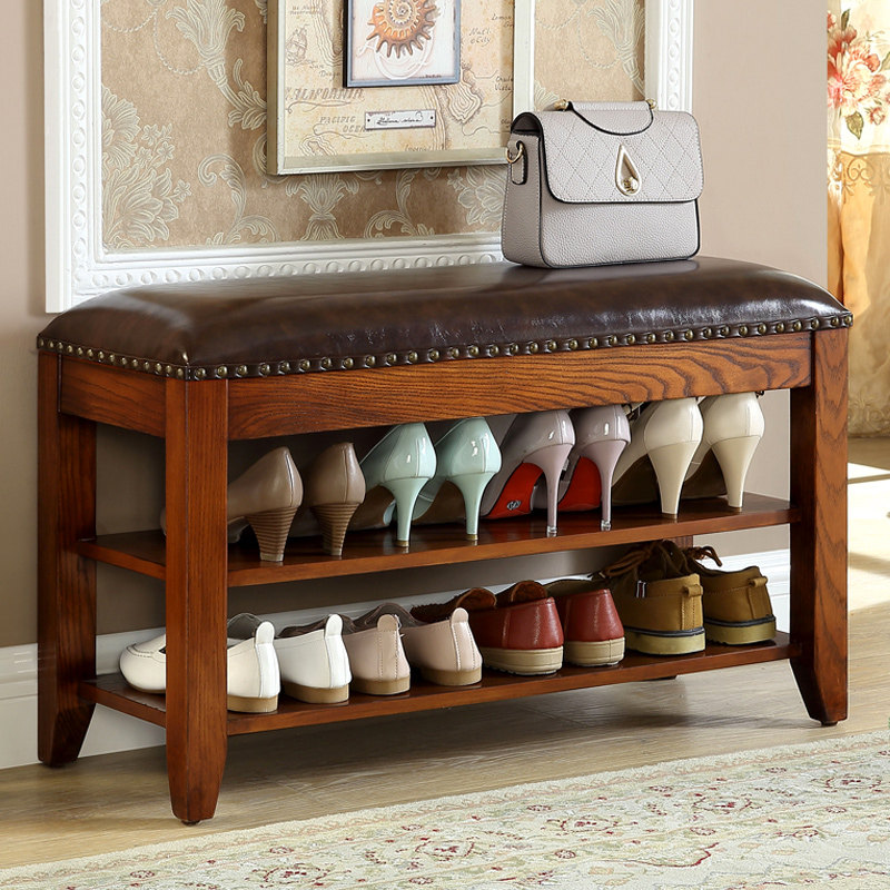 范格美居美式换鞋实木高档白蜡凳子欧式皮艺穿鞋换鞋凳