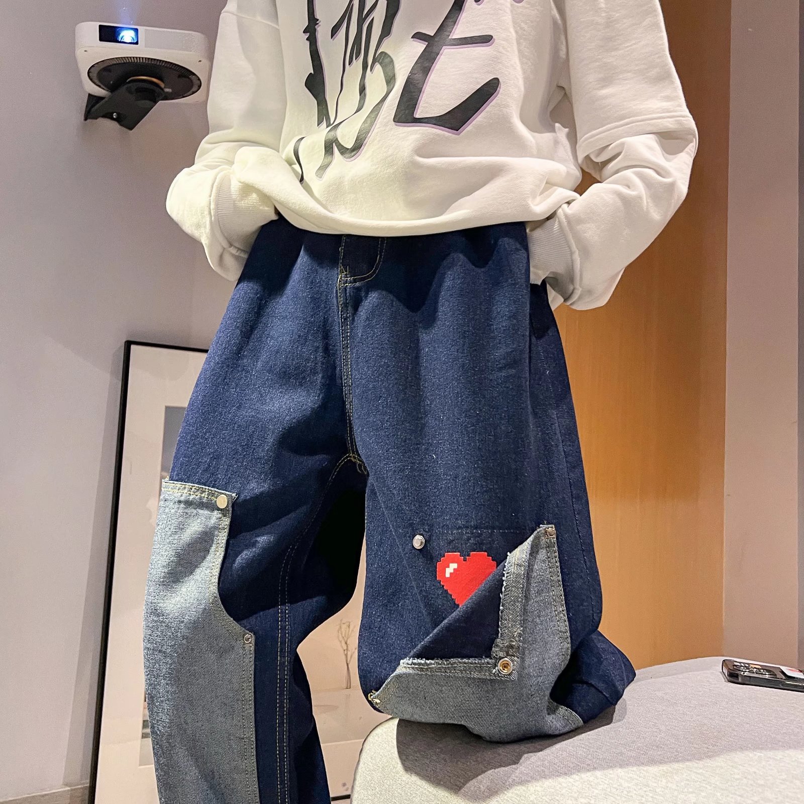 情侣hiphop裤子高街ins潮秋冬设计感小众vibe风宽松直筒牛仔裤男