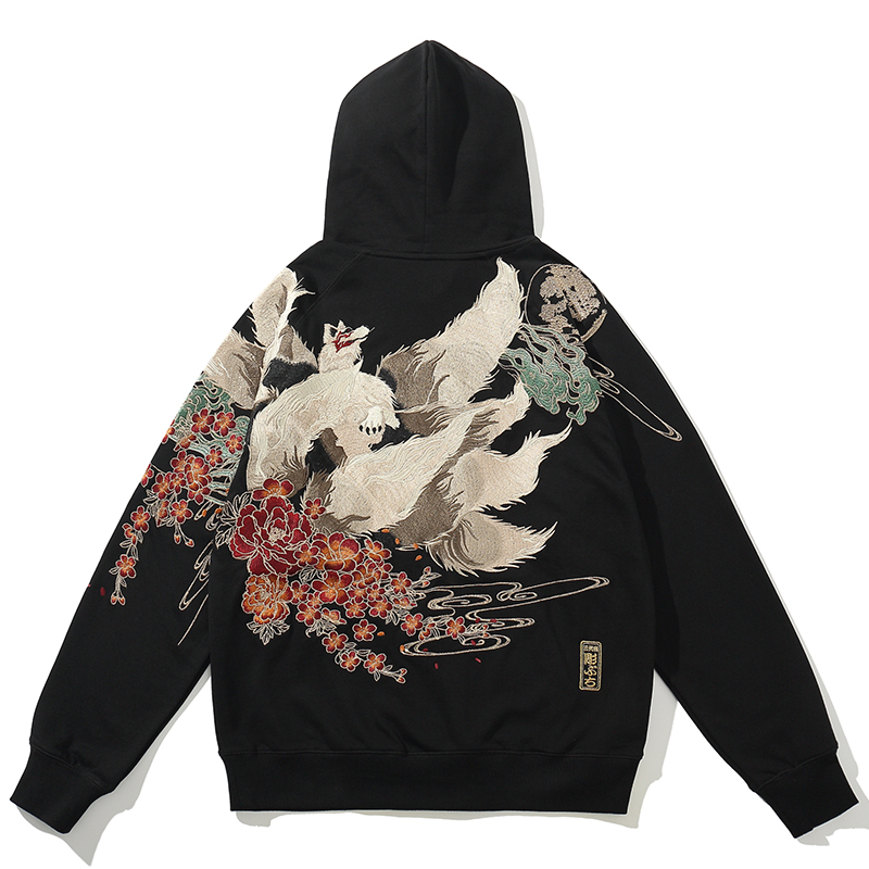 春秋国潮新款九尾狐刺绣连帽卫衣日系青年横须贺潮流男士上衣百搭