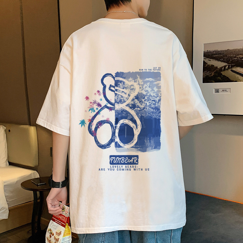 夏季2022新款男士短袖T恤宽松圆领小熊体恤港风半袖休闲潮牌上衣t