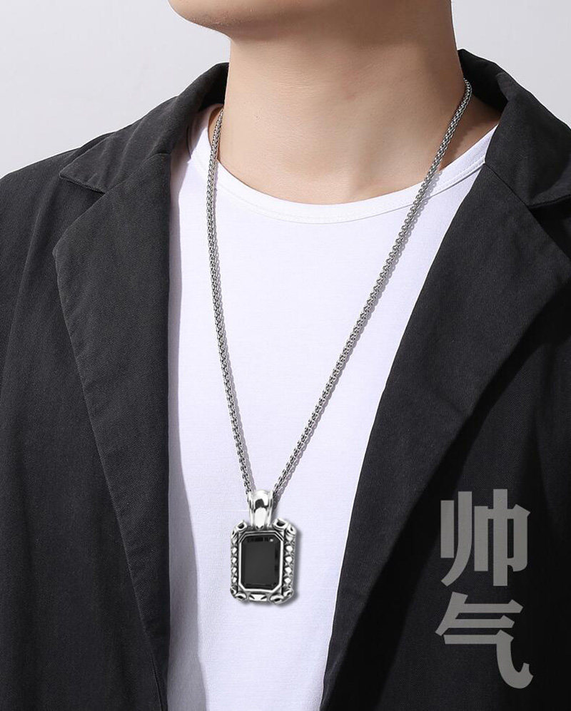 s999足银黑宝石吊坠男士纯银项链帅气气时尚银项坠