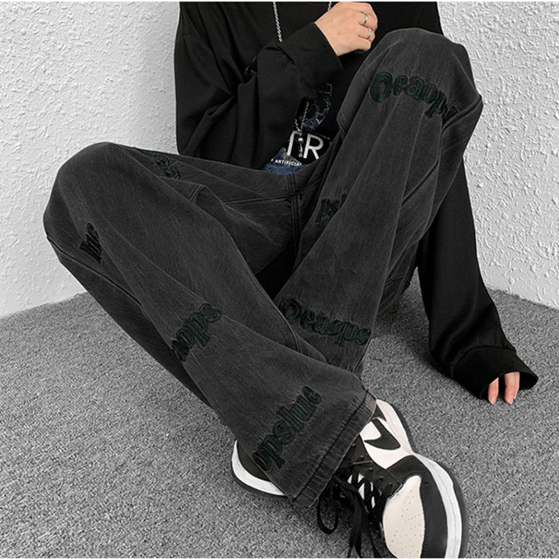 国潮嘻哈字母刺绣牛仔男裤痞帅炸街ins潮宽松直筒垂感阔腿拖地裤