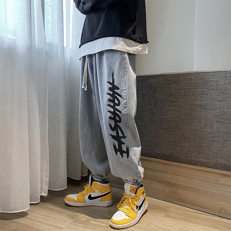 国潮vibe抽绳oversize牛仔裤个性印花高街ins潮牌束脚九分哈伦裤