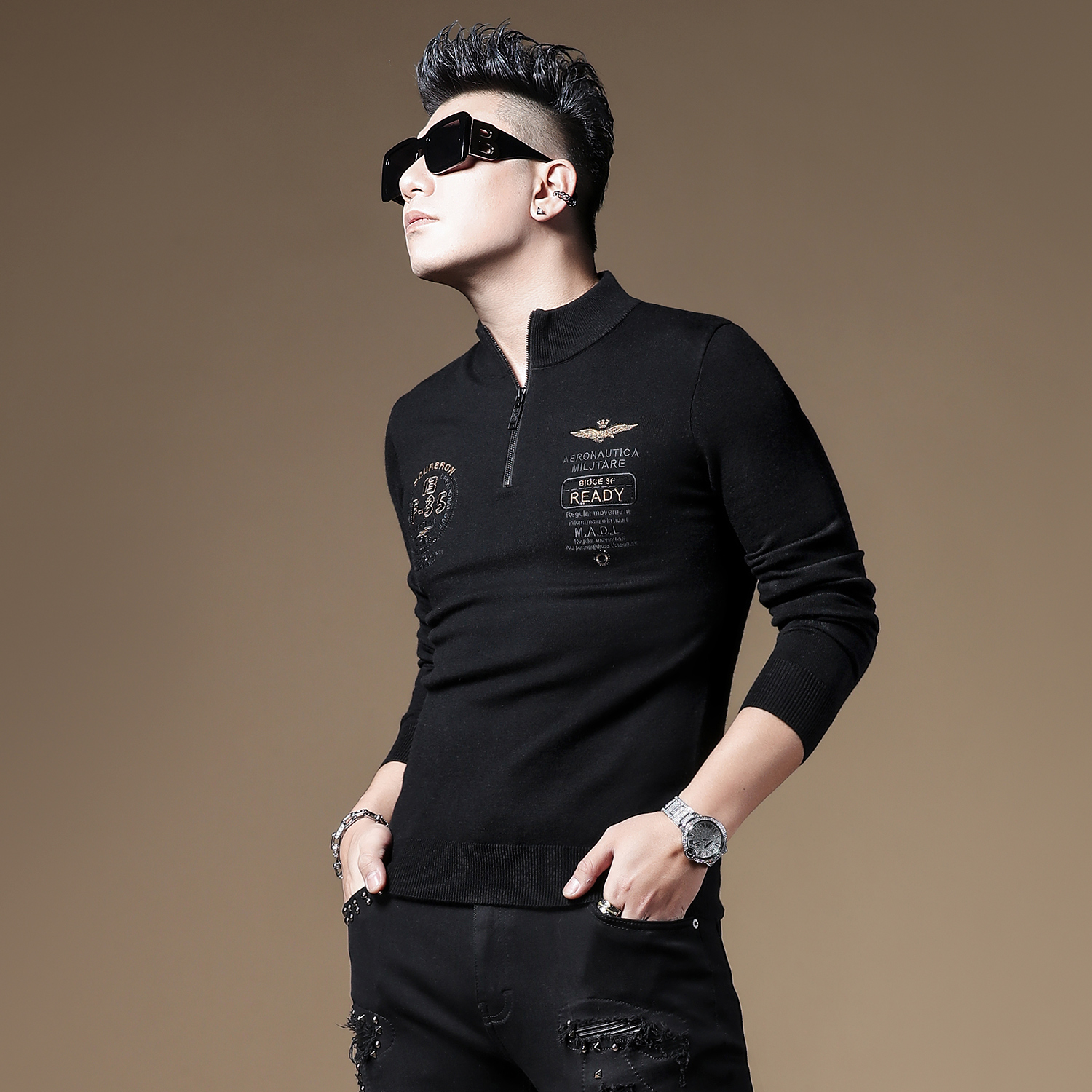 言吉男士上衣线衣针织衫刺绣立领拉链打底衫修身套头加厚秋冬毛衣