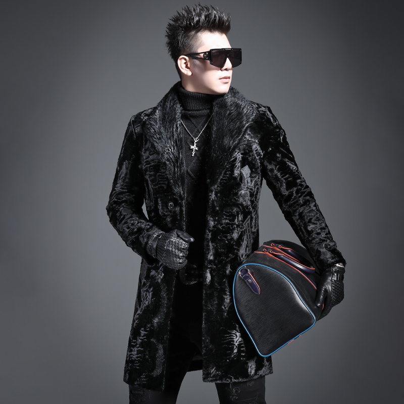 言吉2022冬季新款皮衣潮中长款剪绒皮草外套男装上衣拼皮时尚大衣