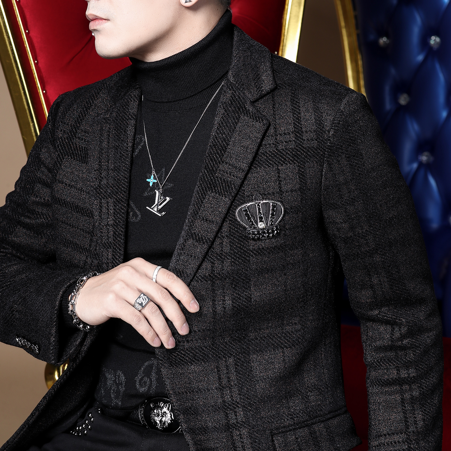 言吉呢子外套休闲男秋冬中长款格子西装冬季加厚潮流新款毛呢大衣