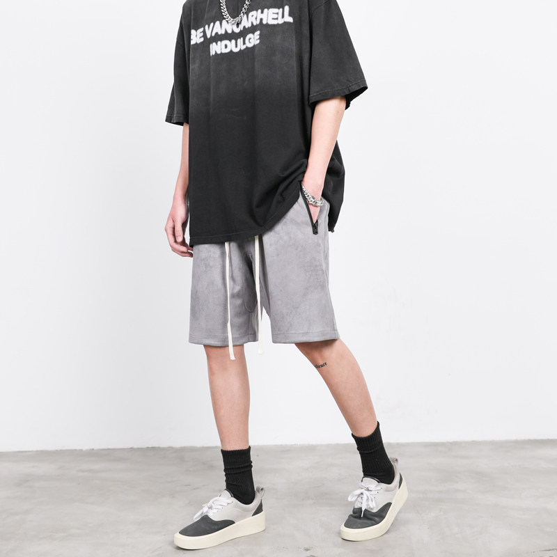 kanye侃爷高街纯色抽绳麂皮短裤男潮潮牌运动休闲休闲裤