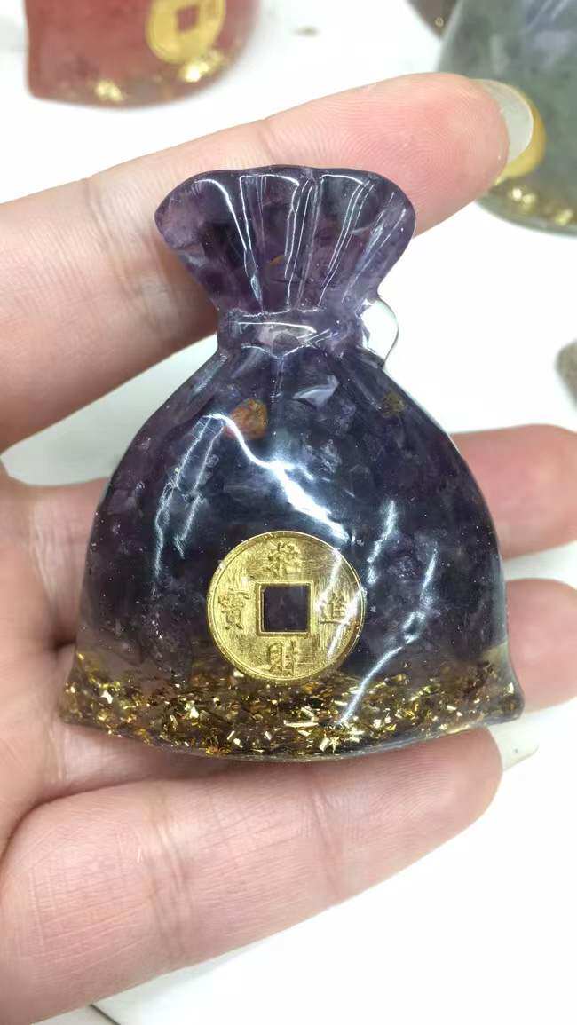 好记水晶滴胶钱袋子摆件紫水晶黄水晶粉水晶超七蓝晶拉长尺寸5cm