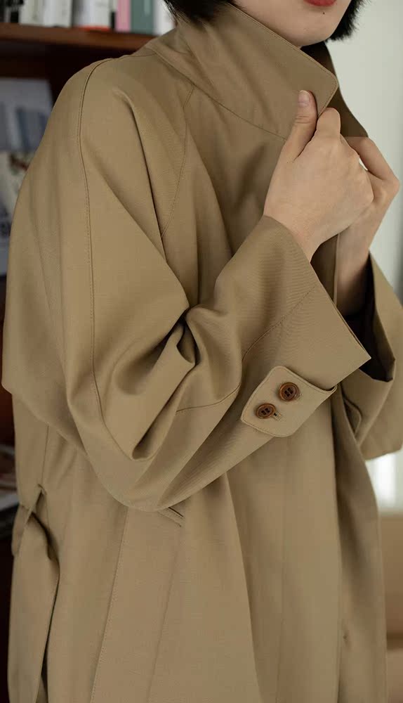 秋款卡其色精纺羊毛轻薄风衣棕色果实风衣