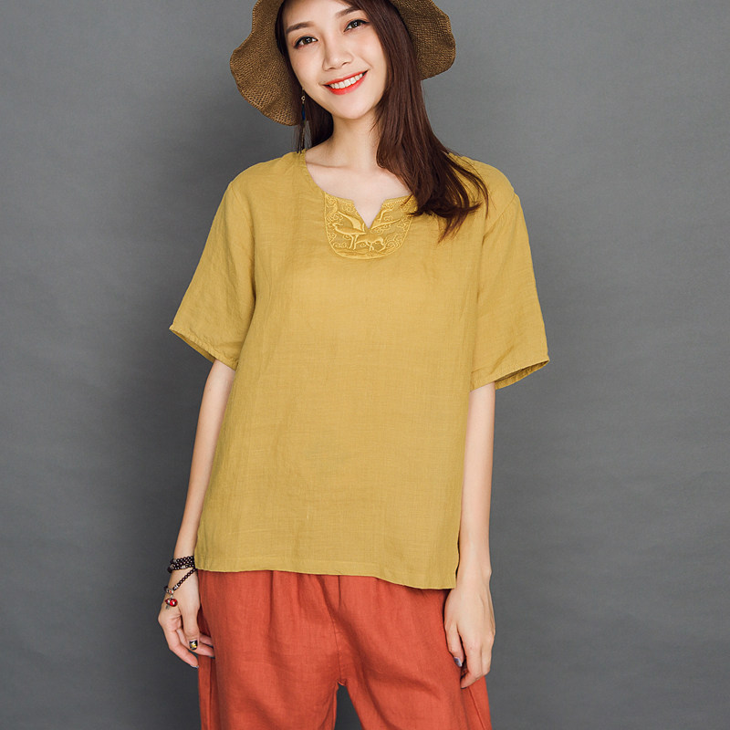 文艺刺绣麻料上衣女棉麻t恤圆领苎麻短袖大码女装2019夏季新款 - 缦棉
