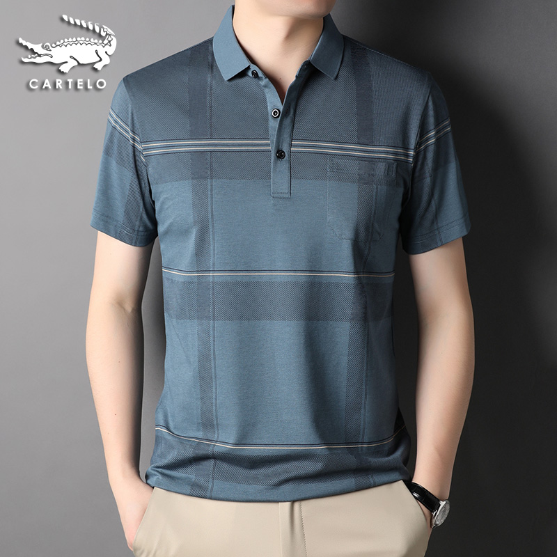 鳄鱼男士短袖t恤夏季轻商务翻领条纹polo衫冰丝半袖中年宽松上衣