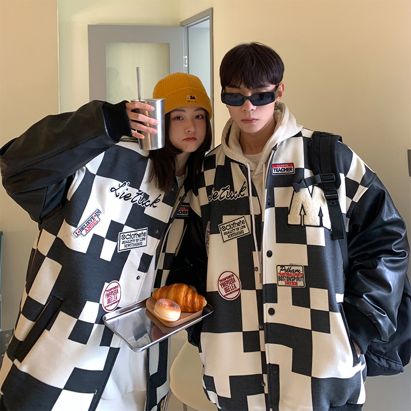 情侣装棒球服男春季新款潮流百搭高街痞帅上衣港风潮牌黑白格夹克