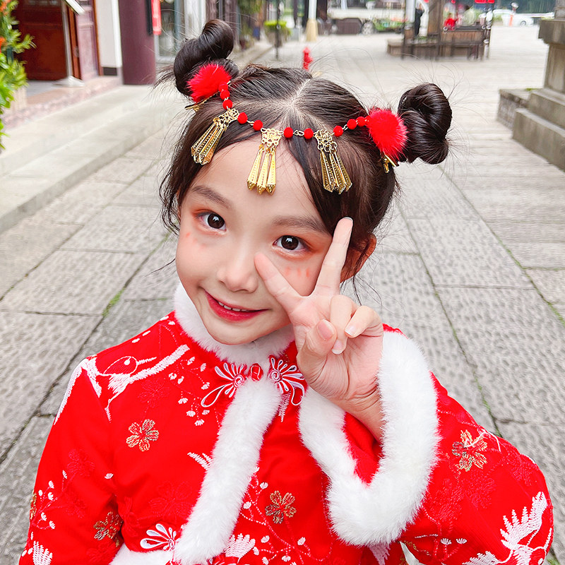 童女新年过年头饰儿童宝宝拜年发饰红色流苏发饰