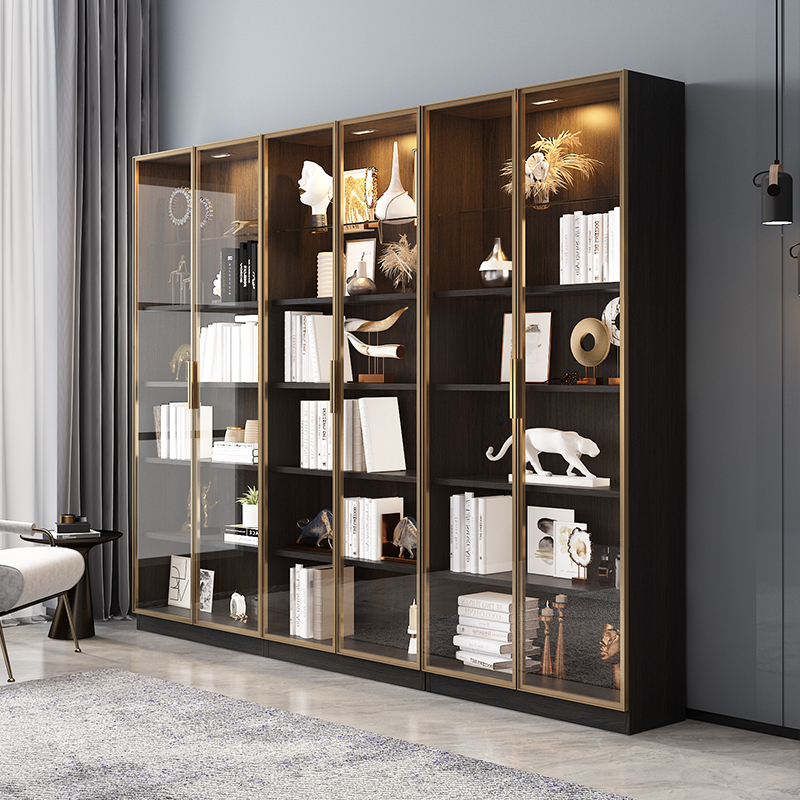 北欧玻璃门全墙书柜简约现代面墙储物带门置物架组合书柜