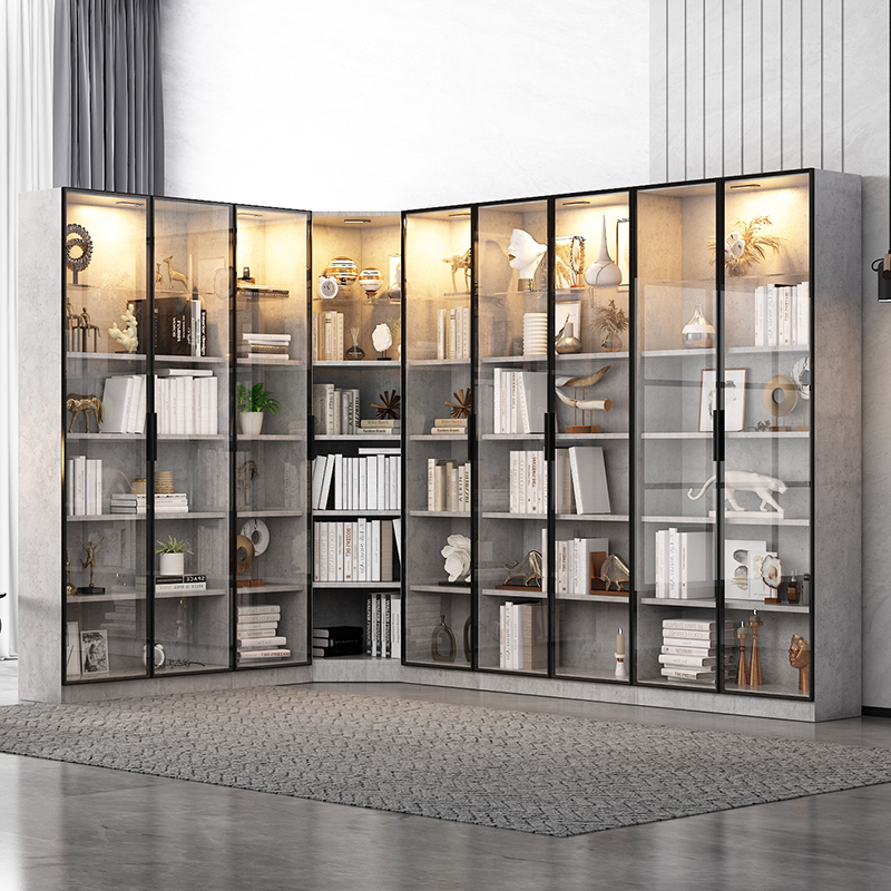 轻奢玻璃门书柜书架落地书房书橱一体靠墙满墙单个书柜