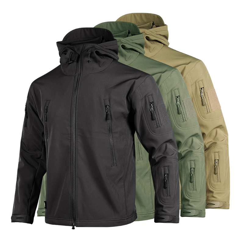 鲨鱼皮战术软壳衣男户外加厚加绒保暖外套带帽防水冲锋大码夹克