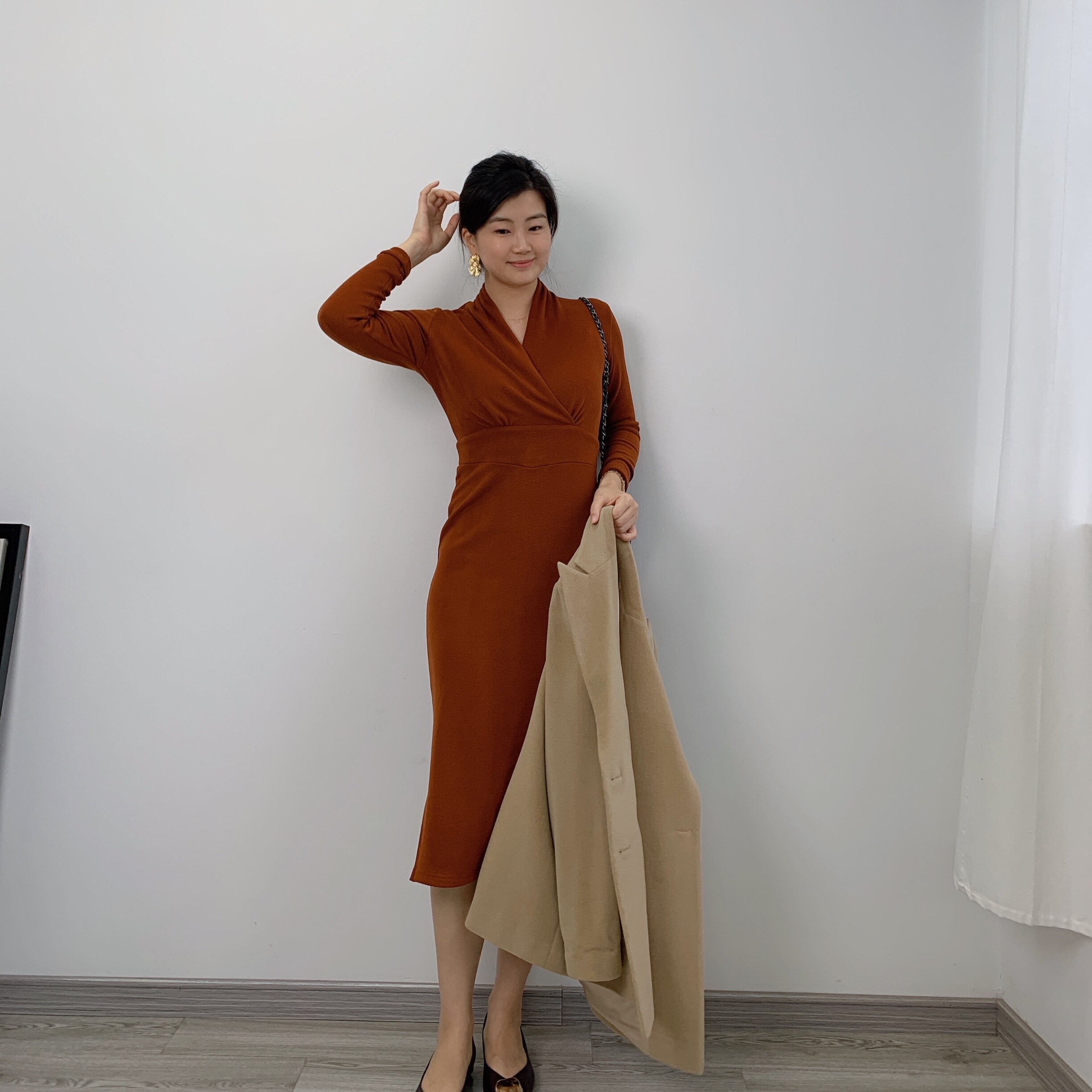 telook独家定制澳绒秋冬气质高腰宽腰节包臀侧连衣裙