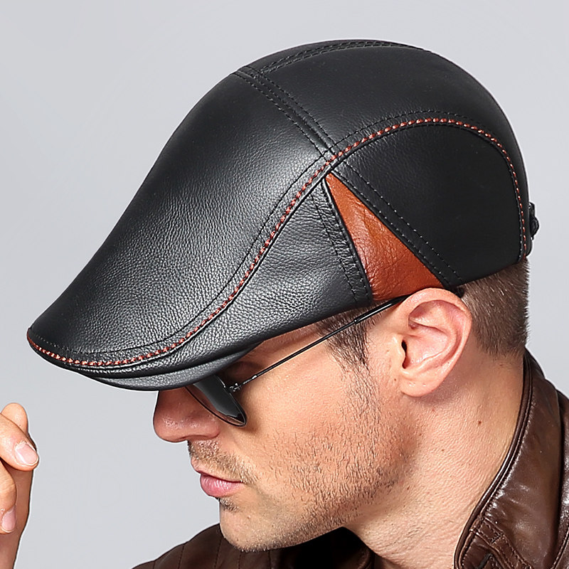 真皮男士皮帽鸭舌帽贝雷帽春秋时尚单皮前进英伦帽子