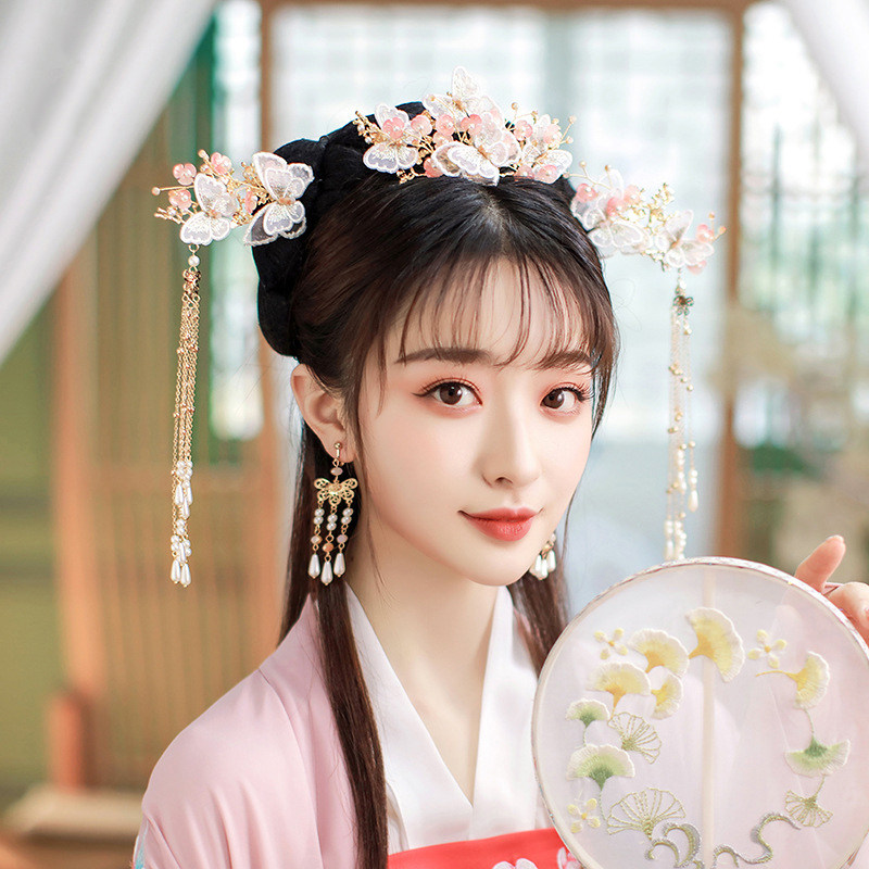 古装汉服头饰发簪耳环全套一套流苏珍珠蝴蝶发饰