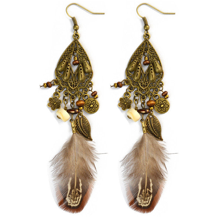 欧美复古波西米亚民族民族风风格耳饰镂空长款羽毛耳环
