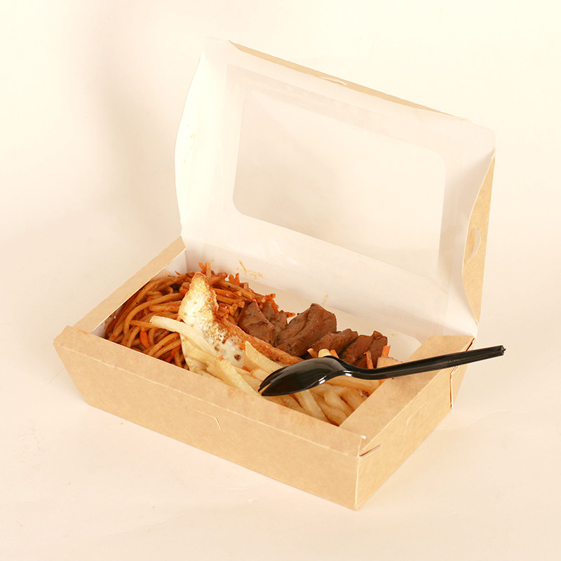 高档开窗进口牛皮纸打包盒餐盒一次性饭盒水果沙拉盒外卖盒200只