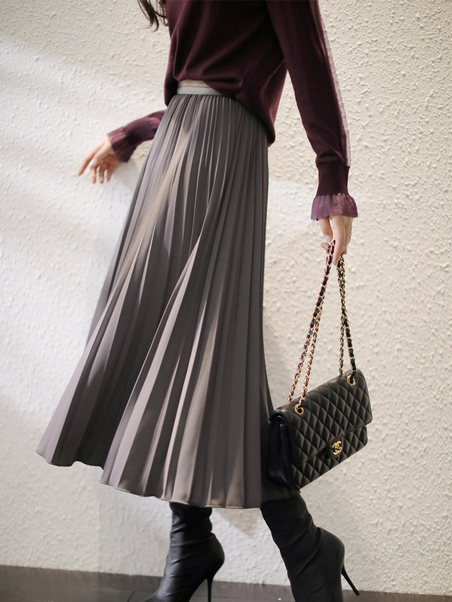 brofeel灵动气质烟灰灰色高温立体熨烫钉珠点缀半身裙