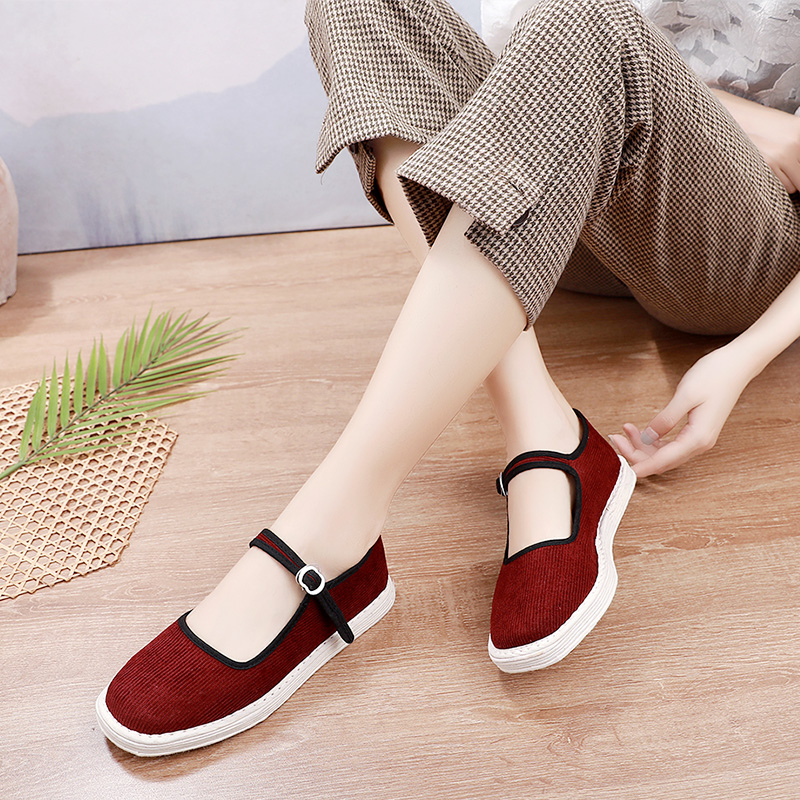 汪源韩版一字扣带女鞋子平春秋单鞋中国风千层布鞋